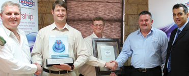 At the awards ceremony (l to r): Henry Heymans Siemens, Jaco Nortje Kentz, Kallie Bodenstein Kentz, Des Burrows Siemens and Paul Rebelo Kentz.